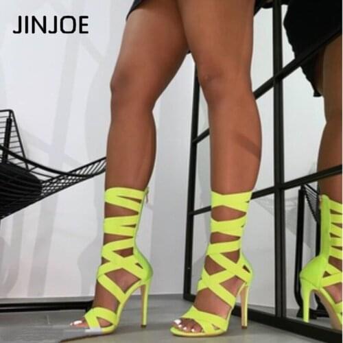 JINJOE Woman shoes Gladiator Sandals Boots Women Sexy Peep Toe High Heel Mid-calf shoes pumps cross belt Thin heels Cross-tied