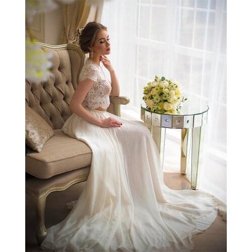 11207#Scoop Two Pieces Chiffon Wedding Dress Bohemian Short Sleeves A-Line Hourglass Wrap Wedding Gown Sweep Train