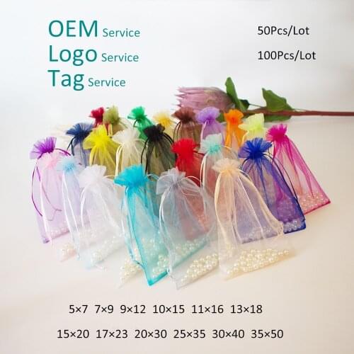 30×40 35×50 50Pcs/Lot Organza Bag For Wedding Gifts Jewellry Packing and Display Pouches Organza Pouches For Wig Can Print Logo