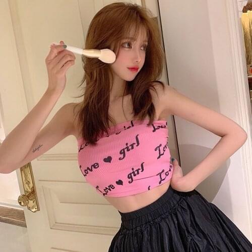 Trendy 2020 Summer Women Sexy Strapless Tube Tops Letters Printed Bandeau Female Streetwear Sexy Off Shoulder Crop Top