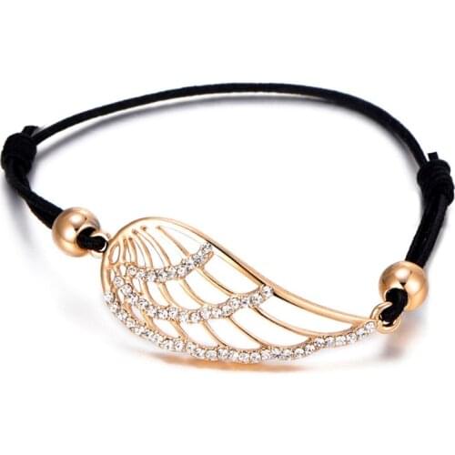 Vintage Angle Feather Wing Charm Bracelet For Women Gold Crystal Bracelet Femme Adjustable Rope Chain Jewelry