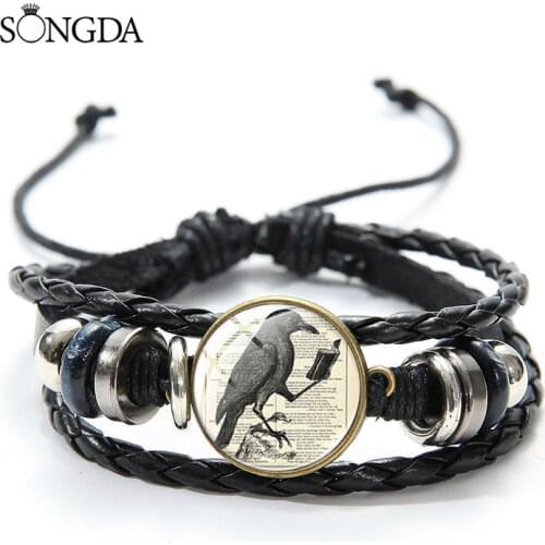 Vintage Raven Love Reading Book Leather Bracelet for Men Women Art Pattern Glass Dome Charm Braided Bangle Jewelry Accessories