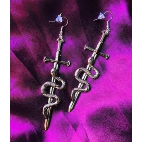 Snake with Sword Dangle Earrings - Serpent - Goth - Gift - Gothic - Hoops - Witchy - Goddess - Dark - Statement