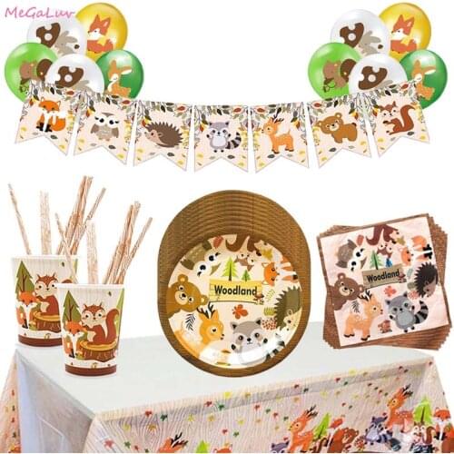 Woodland Animals Party Tableware Paper Plate Cup Banner Jungle Safari Birthday Party Decor Ballon Jungle Animal Forest Party