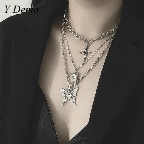 Y Demo Harajuku Grunge Casual Three Layers Butterfly Necklace Women Elegant Chain Pendant Necklaces