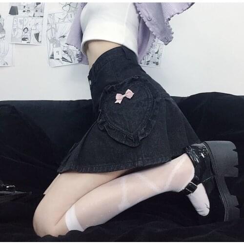Gothic black skirt Japan Harajuku bow love pocket denim skirt female punk streetwear high waist sexy vintage mini A-line skirt