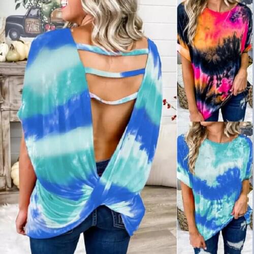 Womens Clothing 2021 Summer Tie-dye twisted Short Sleeve T-shirt backless womens T-shirt Streetwear Casual Loose Pullover