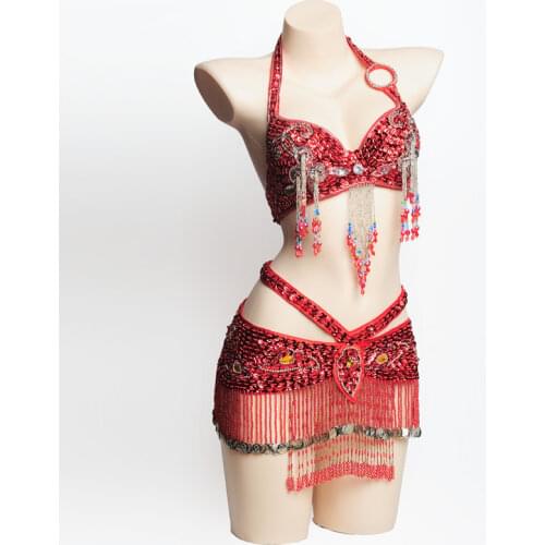 Womens tassel belly dance costume set bling beaded bra belt belly dancing clothes Sexy Night dance Carnival Tops Chain BRA Belt
