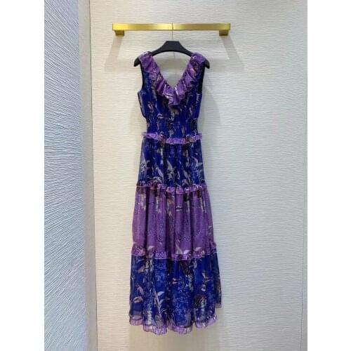 Runway Fashion Women Long Dress Designer New Ruffles Flower Print V-Neck Sleeveless Waist Elastic Party Elegant Dresses