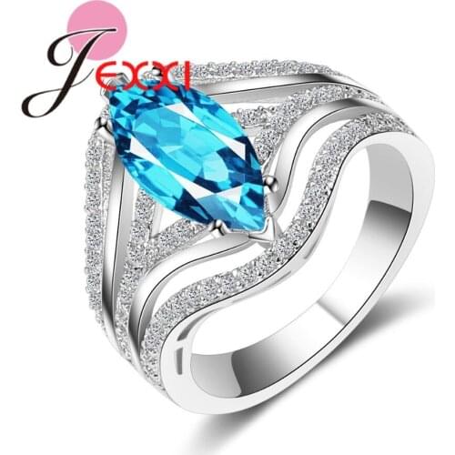 Top Quality Geometric Blue Crystal Rings For Women Vintage 925 Sterling Silver Wedding Party Ring For Female Bijoux Gift