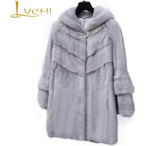LVCHI Winter 2019 Real Mink Fur Coats Womens Long Sleeve With Fur Hood Grey Mink Coat Full Pelt Wave Cut Medium Slim Mink Coats