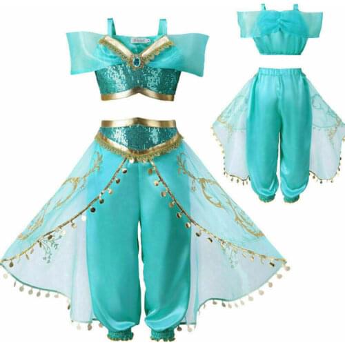 2020 Summer Kids Aladdin Cosplay Costume Princess Jasmine Outfit Girls Sequin Party Fancy Dress Cosplay Costume 3-8years