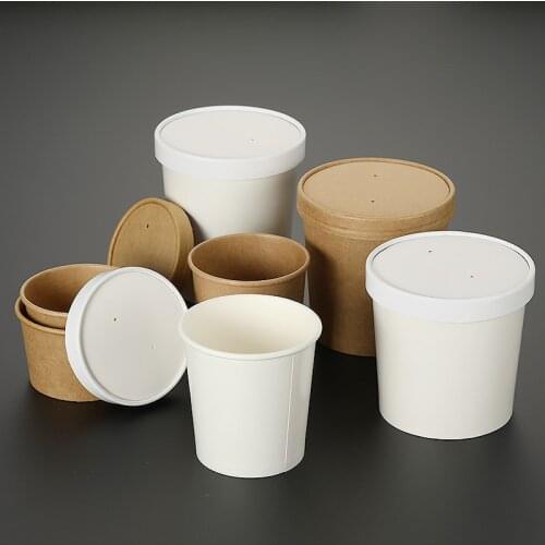 50pcs High quality white/yellow kraft paper disposable round soup cups 230ml/350ml/460ml food salad ice cream paper cup with lid