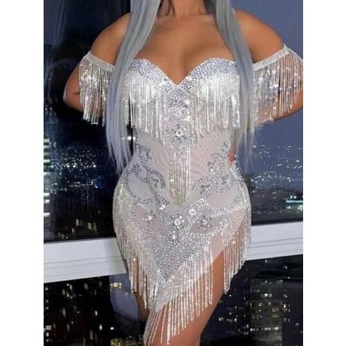 Sparkly Silver Rhinestone Fringe Transparent Bodysuit Women Dancer Show Celebrate Prom Bar Birthday Outfit