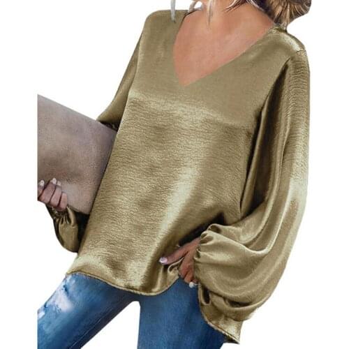Women Blouse Sexy Solid Color Lantern Long Sleeve Stylish Satin V-Neck Lantern elegant women blouse Autumn Blouse Streetwear