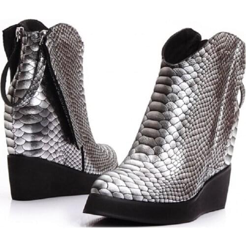 Autumn Winter Women Wedges Chunky Heel Genuine Leather Height Increase Elevator Pointed Toe Fashion Ankle Boots 34-39 SXQ0728