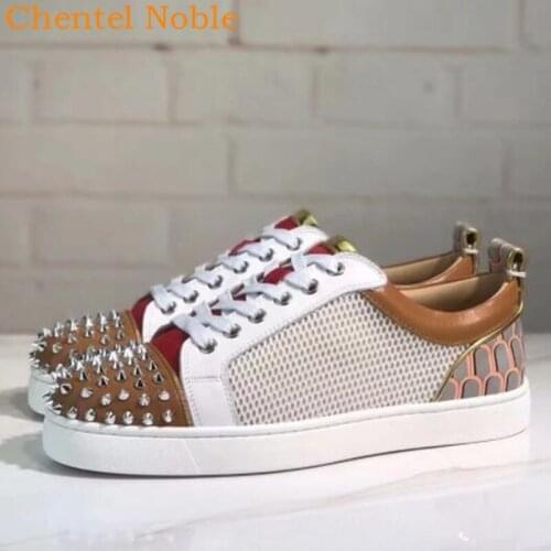 Brand Chentel Leather Mesh Casual Party Men Flats Sneaker Spring Classic Spikes Mixed Color Lace-Up Large Size Vulcanized Shoes