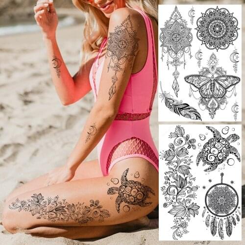 Black Henna Flower Temporary Tattoos For Women Fashion Body Art Tatoos Realistic Fake Jewelry Mandala Dreamcatcher Tattoos Sexy