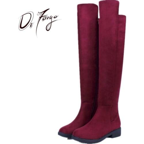 DRFARGO Strech Top Knee High-Heel Overknee Boots Women Long Dress Boots EUR 35-41 Thick Block Med Heel autumn winter boots