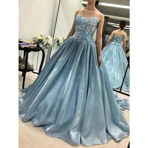 Blue Ball Gown Evening Dress 2020 Sweetheart Sleeveless Satin Appliques Lace Formal Evening Party Dresses vestidos de fiesta
