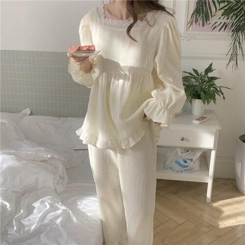 Cute pajamas set women sleepwear 100% cotton comfortable home suit pullovers pyjamas pant 2 piece set homewear clothes