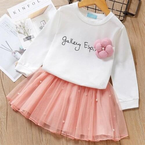 Little Girls T Shirt and Skirt Sets Long Sleeve Flower Beading Letter Autumn Clothes Sets Kids Girls Child Outfit Clothing