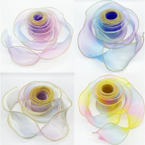 1yard 50mm Gold Wired Wave Edge Silk Rainbow Organza Ribbon Bow Material Lace Ribbons For Sewing Fabric Lace Decoration