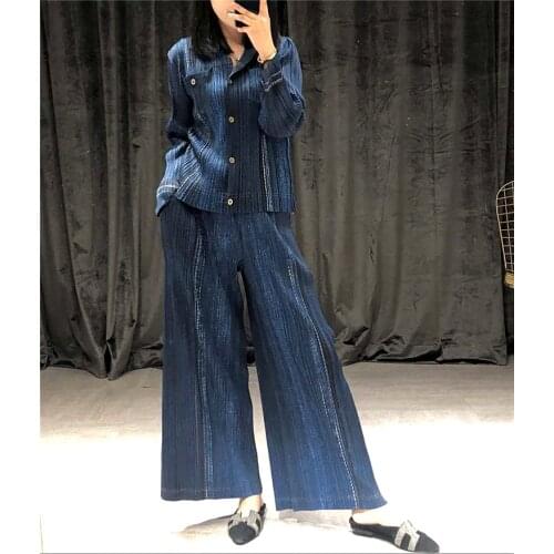 HOT SELLING Miyake fold the clothes denim suit fold long sleeve denim coat + wide-legged pants Two-piece suit IN STOCK