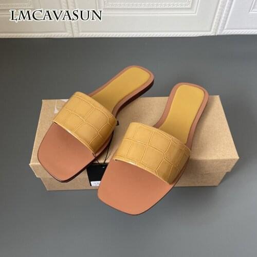 LMCAVASUN Summer new style Womens shoes Camel brown Square head Patent leather Effect Flat sandals