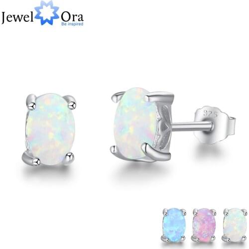 Fashion 925 Sterling Silver Earrings Oval Blue Opal Stone Stud Earrings for Women Jewelry Best Gift for Her (JewelOra EA103020)