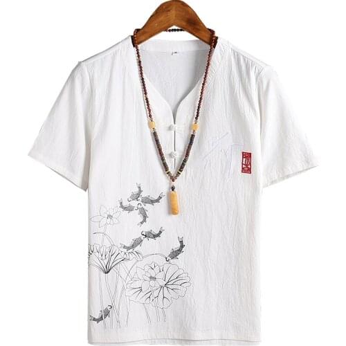Men Oriental Clothing Lotus Embroide T-Shirt Chinese Style Zen Tea Tee Tops Tang Suit Medieval Linen Blouse Kimono Haori US Size