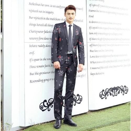 Blazer men groom suit set with pants mens wedding suits costume singer star style dance stage clothing printing formal dress