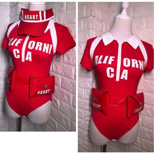 Bar Nightclub team single dance dj gogo bodysuit sets red letter high fork jumpsuit sets