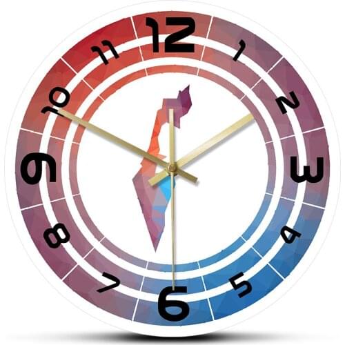 Multicolored Israel Rounded Sign With Map Patriotic Wall Clock Modern Design Judaism Zionism Home Decor Silent Clock Movement