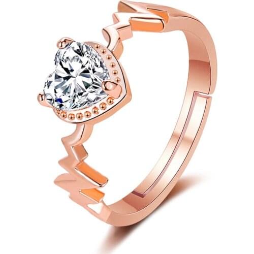 Rose Love Ring Ladies Inlaid Transparent Zircon Eternal Heart Ring Jewelry Creative Cardiogram Ring Female Valentines Day Gift