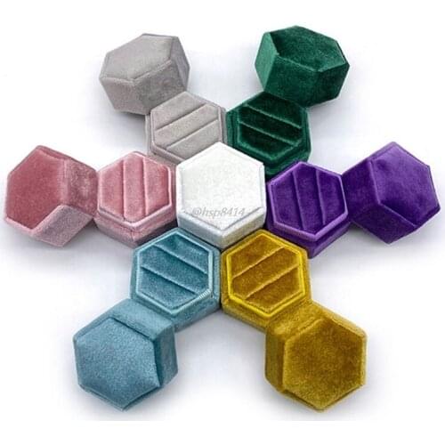 Hexagon Velvet Ring Box Double Ring Display Holder Case Storage with Detachable Lid Ring Box Holder for Wedding Ceremony