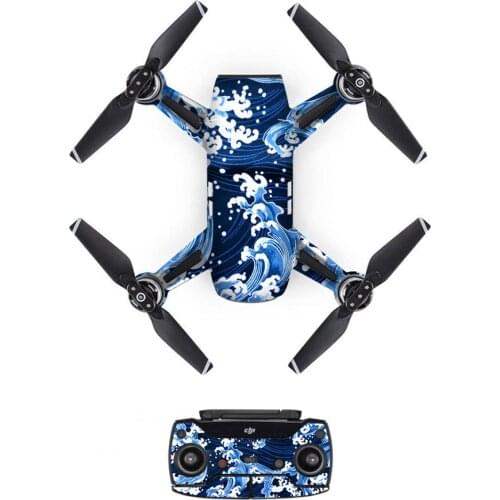 Sea Wave Style Decal PVC Skin Sticker For DJI Spark Drone + Remote Controllers + 3 Batteries Protection Film Cover