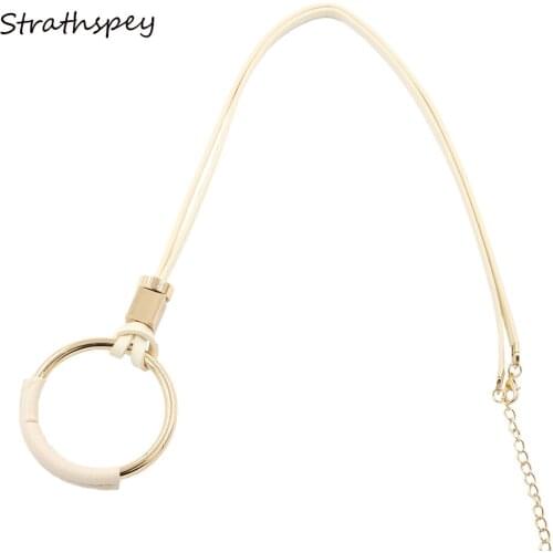 STRATHSPEY Vintage Alloy Circle Pendant Long PU Leather Wrap Chain Beige Pendant Necklaces Accessories Fashion Jewelry For Women