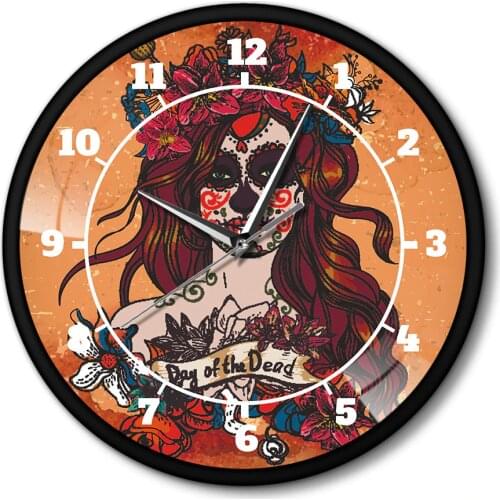 Horror Day of the Dead Flowers Sugar Girl Skull Metal Frame Silent Wall Clock Calavera Girl Silent Quartz Saat Halloween Decor