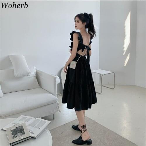 Woherb Square Collar Sexy Backless Women Dress Bow Bandage Hollow-out Dresses Korean Chic Long Vestido Femme 2021 Summer Robe