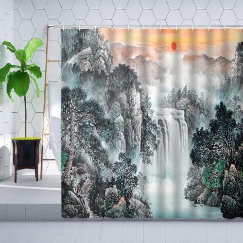 Chinese Style Ink Landscape Shower Curtain Waterfall Pine Tree Sun Plant Scenery Bathroom Decoration Polyester Cloth Curtain Set