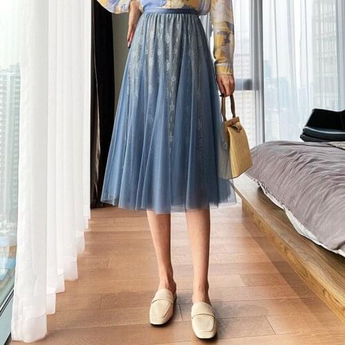 2021 Spring Woman Skirt Elastic High Waist Lace Mesh Skirts Women Gradient Pleated Midi Skirts Casual Mujer Faldas Femme Jupes