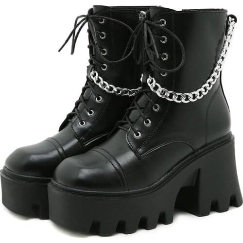 2021 New Design Gothic Cosplay Chunky Boots Cool Chain Punk Ankle Platform Boots High Heels Women Boots Leather Thick Heel Shoes