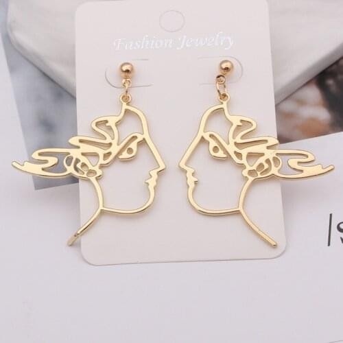 Personality Beauty Girls Face Drop Earrings for Women Statement Metal Abstract Art Hollow out Profile Dangle Earrings Gift