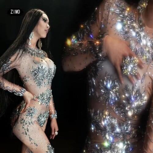 Shiny Rhinestone Jumpsuit Women crystal bodysuit Fashion Sexy spandex Big Stretch Dance Costume Nightclub Party Show tage outfit