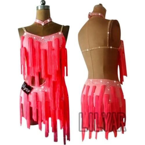 2020Latin Dance Competition Dresses For Women Pink Fringe Tassel Rhinestone Dress Club ChaCha Rumba Costume Dress Customize 4098