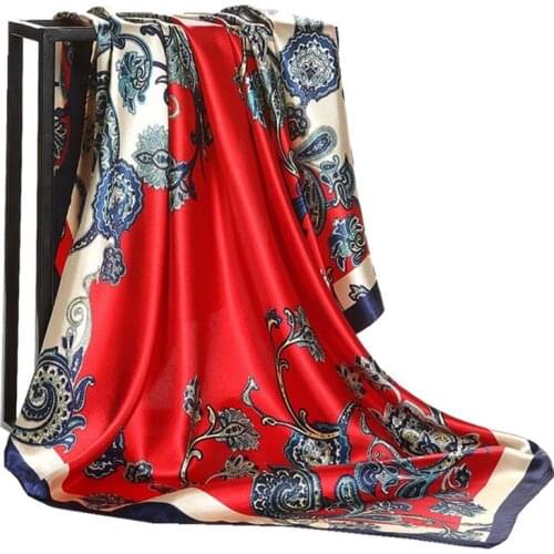 2021 Floral Print Head Scarf For Women Silk Satin Hijab Scarfs Orange Red 90*90cm Square Neckerchief Headband Scarves For Ladies