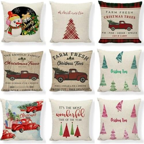 Red Truck Christmas Tree Throw Pillow Case Happy Christmas Cotton Linen For Home Bedroom Car Decor Sofa Waist Cushion Cover