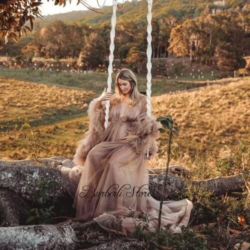 Demure Champagne Ruffles Tiered Tulle Women Maternity Dresses For Photoshoot Puff Sleeves Sexy See Thru Long Robe Bridal Dress