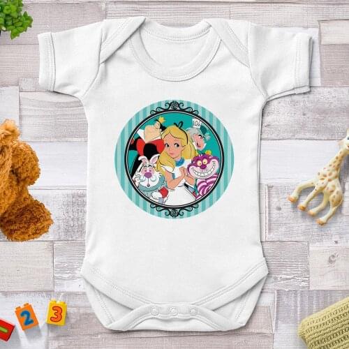 Alice In Wonderland Baby Rompers Newborn Summer White O-neck Graphic Newborn Jumpsuits Bodysuit Harajuku Baby Clothes 0-24M